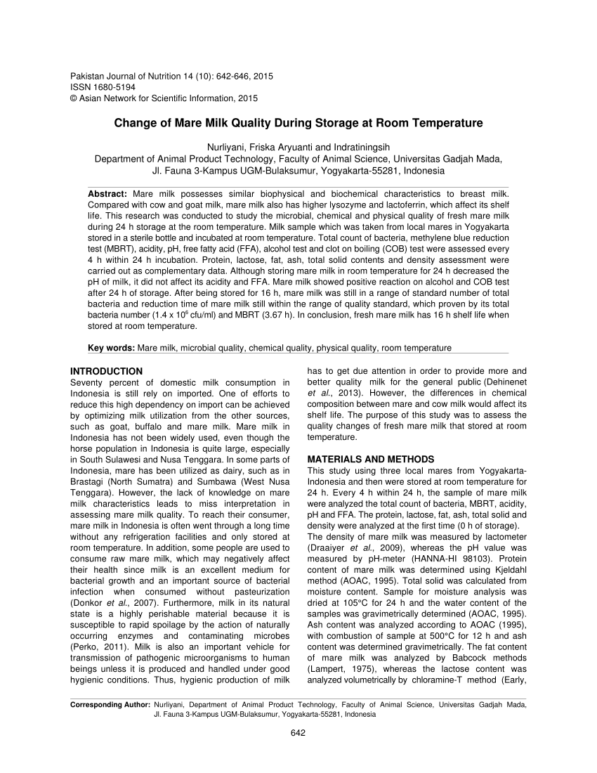 Pdf Change Of Mare Milk Quality During Storage At Room