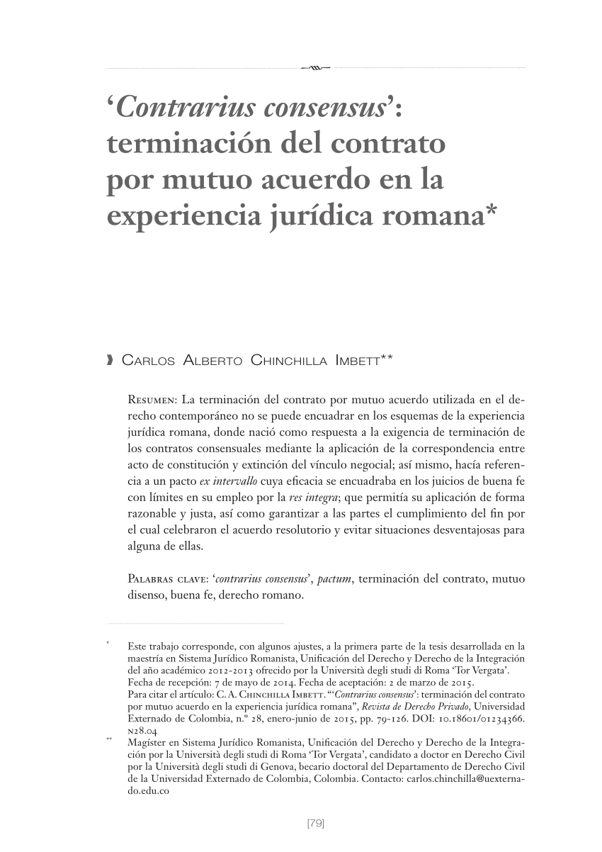 PDF) 'Contrarius consensus': terminación del contrato por mutuo acuerdo en  la experiencia jurídica romana