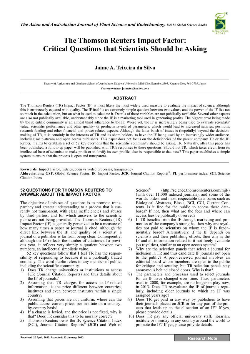 (PDF) The Thomson Reuters Impact Factor Critical Questions that