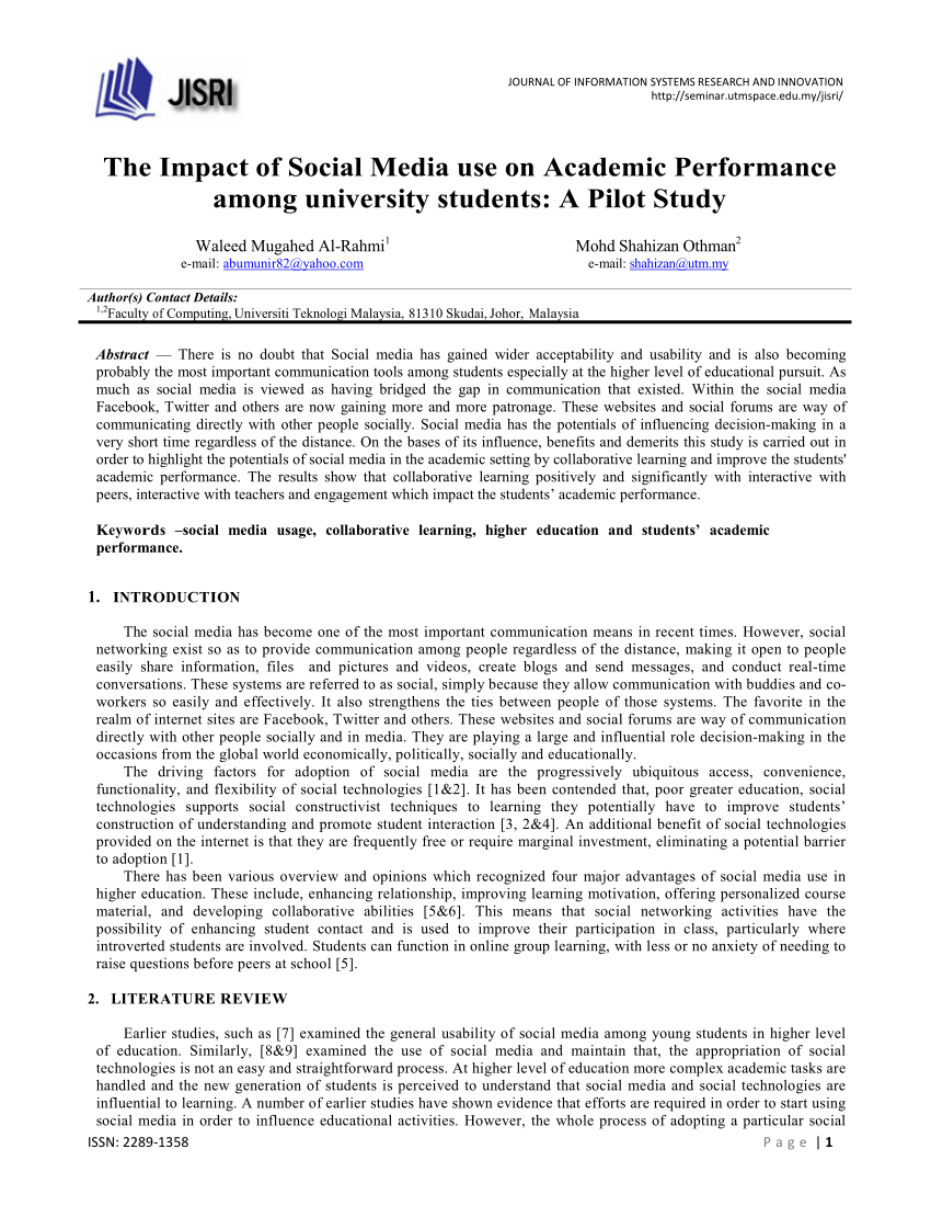 research question about social media and academic performance