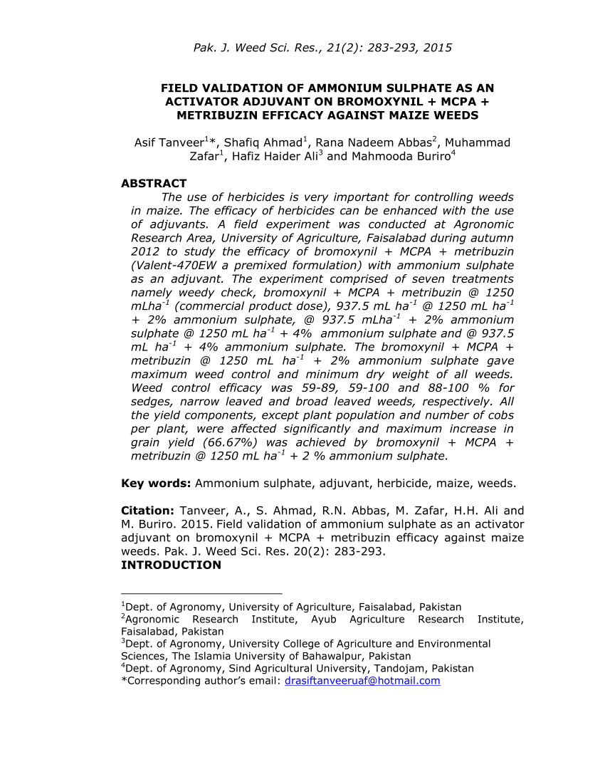 (PDF) FIELD VALIDATION OF AMMONIUM SULPHATE AS AN ACTIVATOR ADJUVANT ON Sns-Brigh10