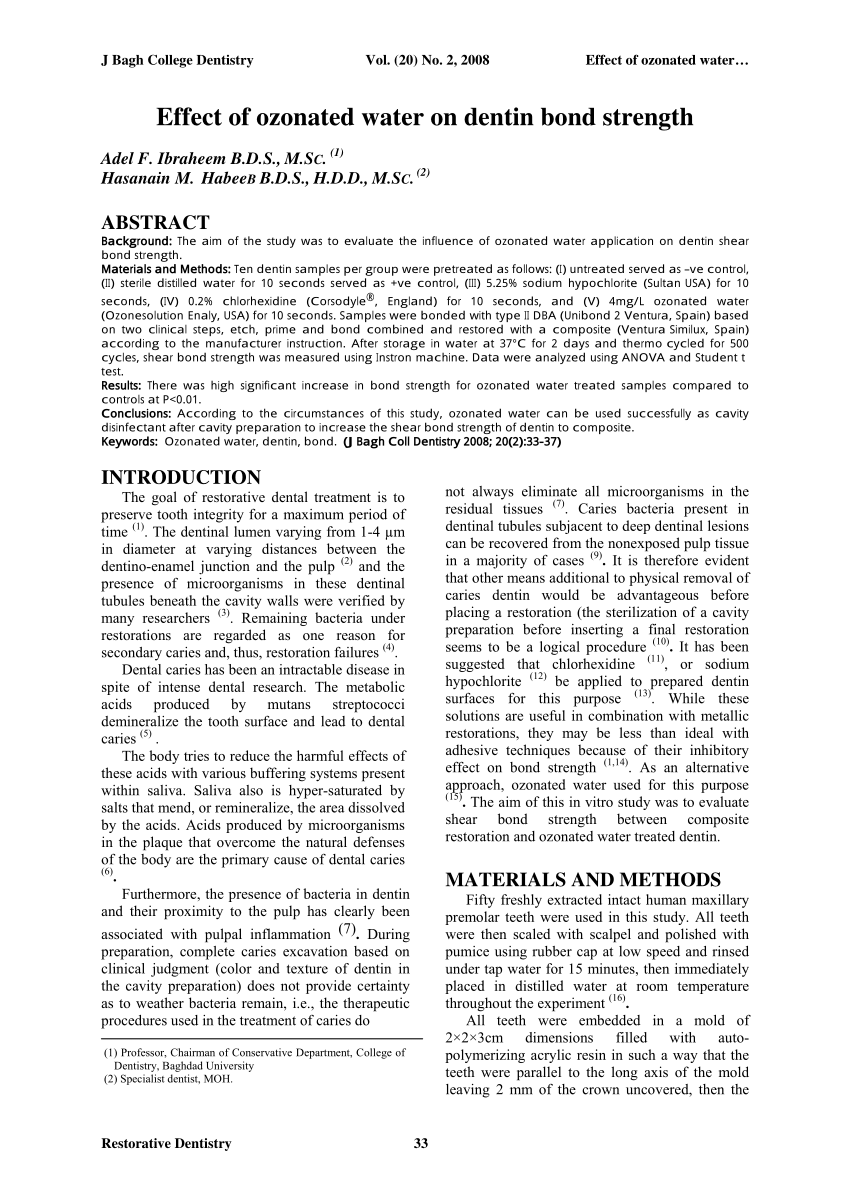 Pdf Effect Of Ozonated Water On Dentin Bond Strength