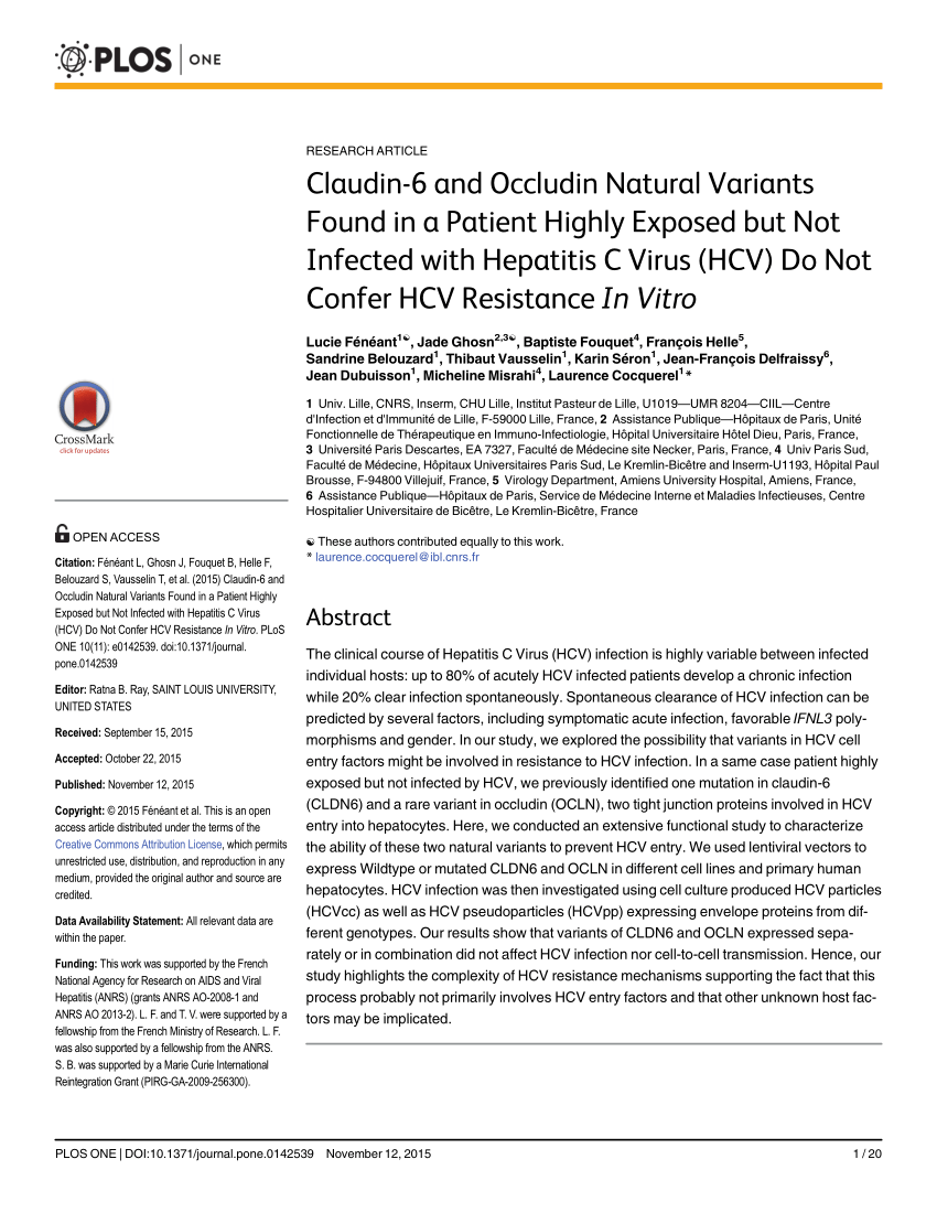 Pdf Claudin 6 And Occludin Natural Variants Found In A Patient Highly Exposed But Not Infected With Hepatitis C Virus Hcv Do Not Confer Hcv Resistance In Vitro