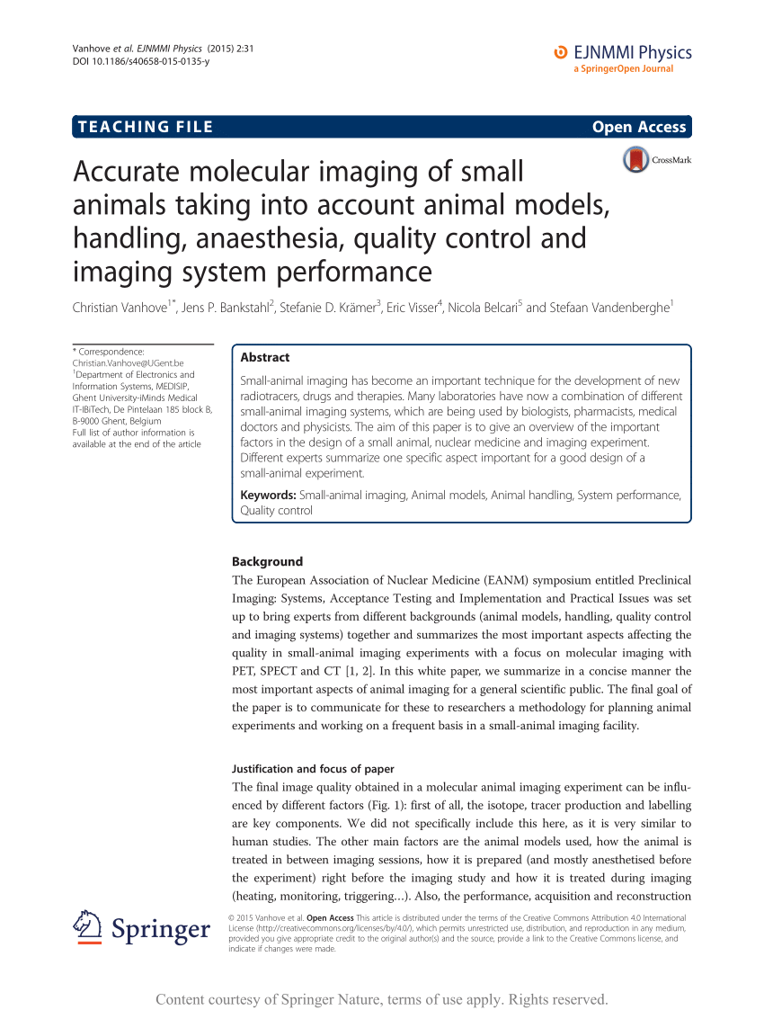 PDF) Accurate molecular imaging of small animals taking into account animal  models, handling, anaesthesia, quality control and imaging system  performance