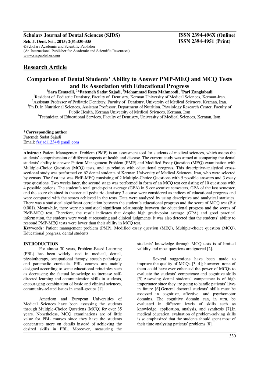 Pdf Parison Of Dental Students Ability To Answer Pmp Meq And Mcq Tests And Its Association With Educational Progress