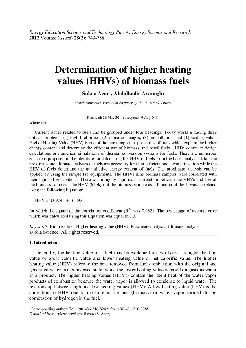 Pdf Determination Of Higher Heating Values Hhvs Of Biomass Fuels