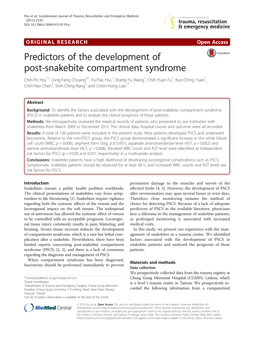 Pdf Predictors Of The Development Of Post Snakebite Compartment Syndrome