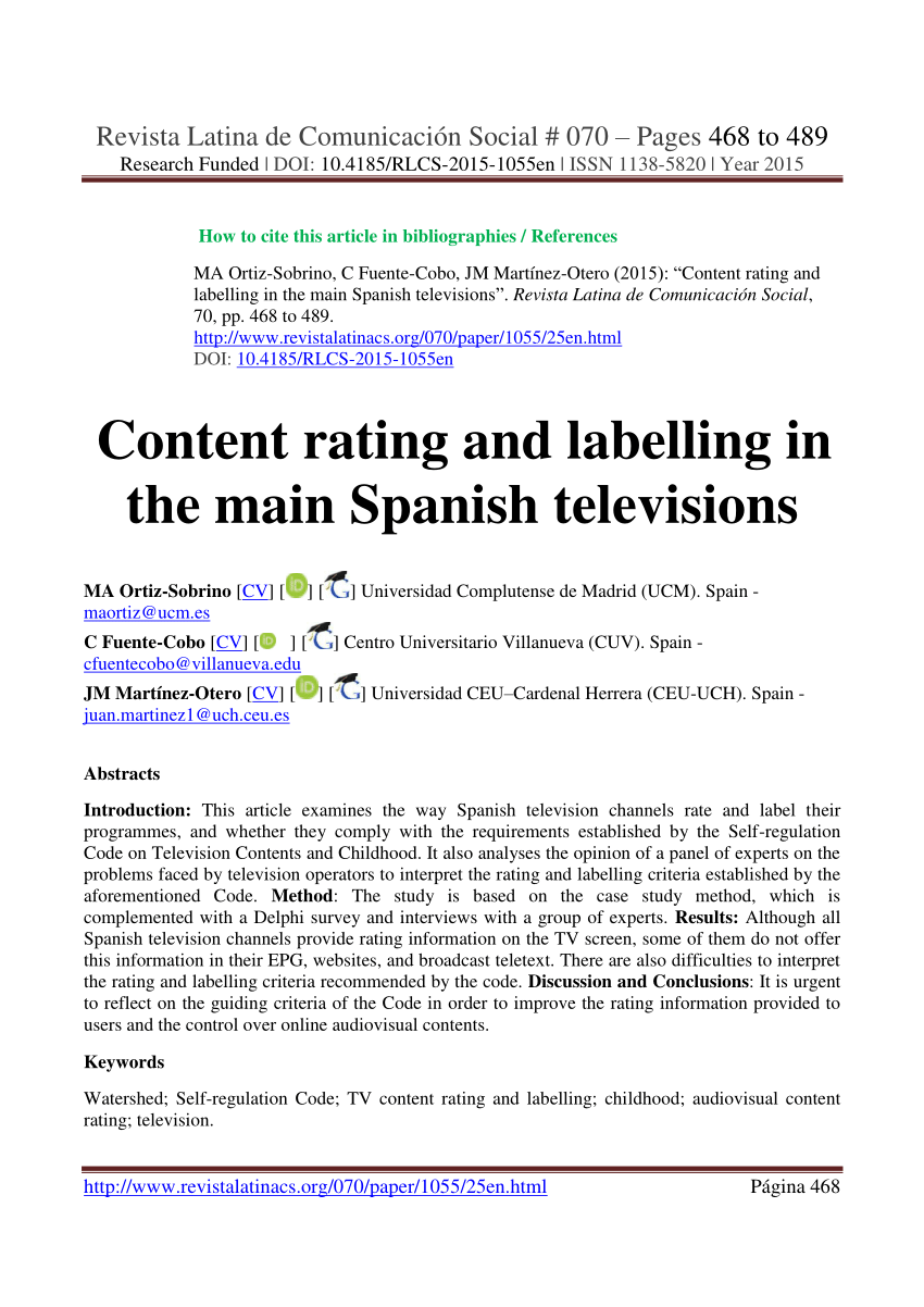 Pdf Content Rating And Labelling In The Main Spanish Televisions