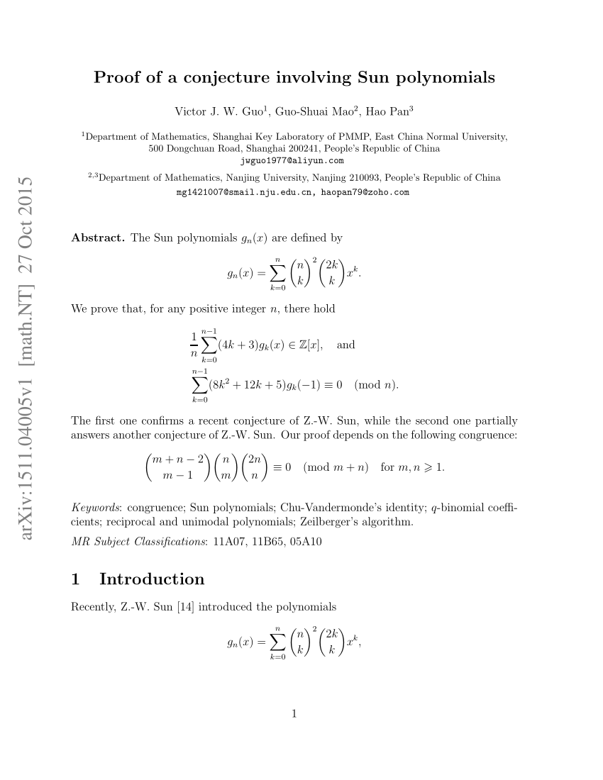 Pdf Proof Of A Conjecture Involving Sun Polynomials