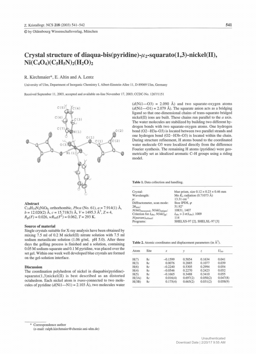 Pdf Crystal Structure Of Diaqua Bis Pyridine M2 Squarato 1 3 Nickel Ii Ni C4o4 C5h5n 2 H 2o 2