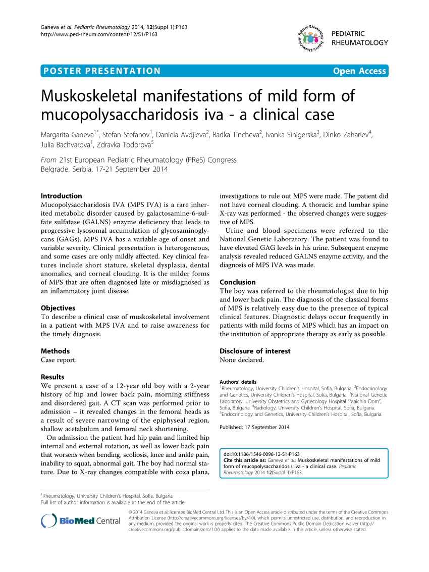 Pdf Muskoskeletal Manifestations Of Mild Form Of Mucopolysaccharidosis Iva A Clinical Case