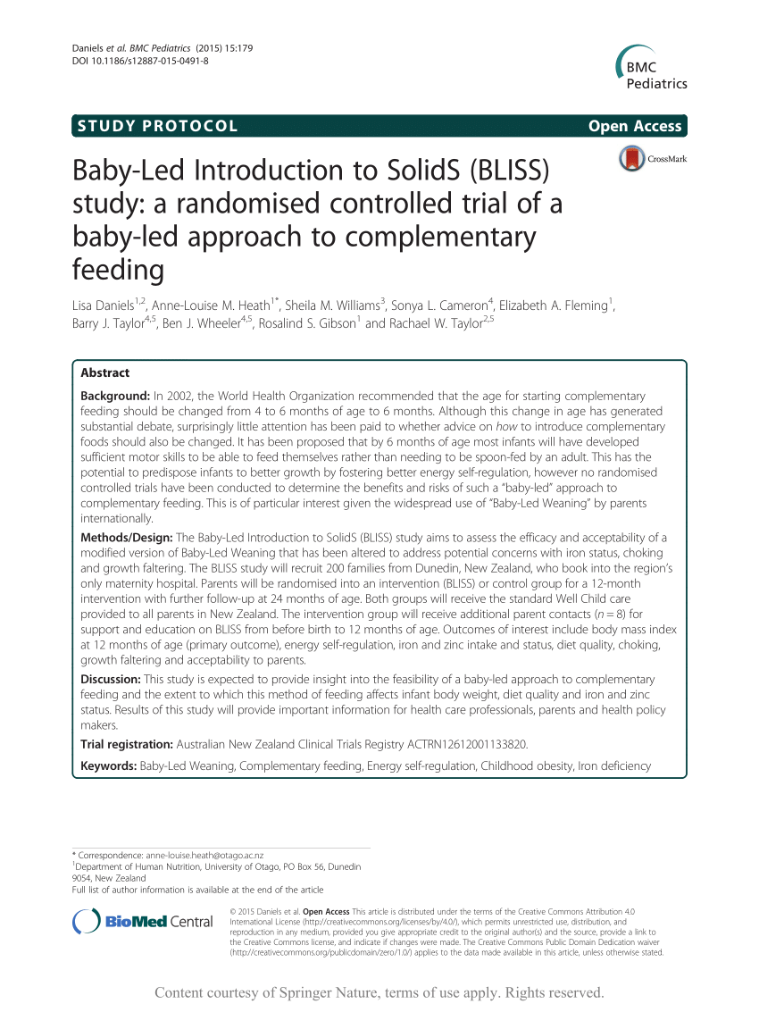 Pdf Baby Led Introduction To Solids Bliss Study A Randomised Controlled Trial Of A Baby Led Approach To Complementary Feeding
