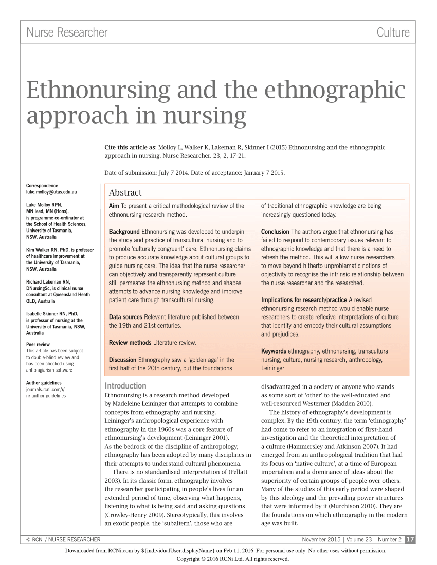 ethnographic research examples in nursing