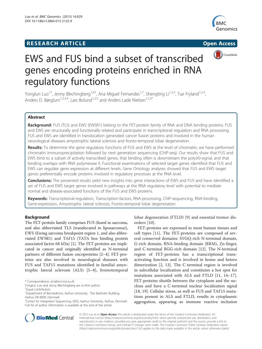 PDF) EWS and FUS bind a subset of transcribed genes encoding proteins  enriched in RNA regulatory functions