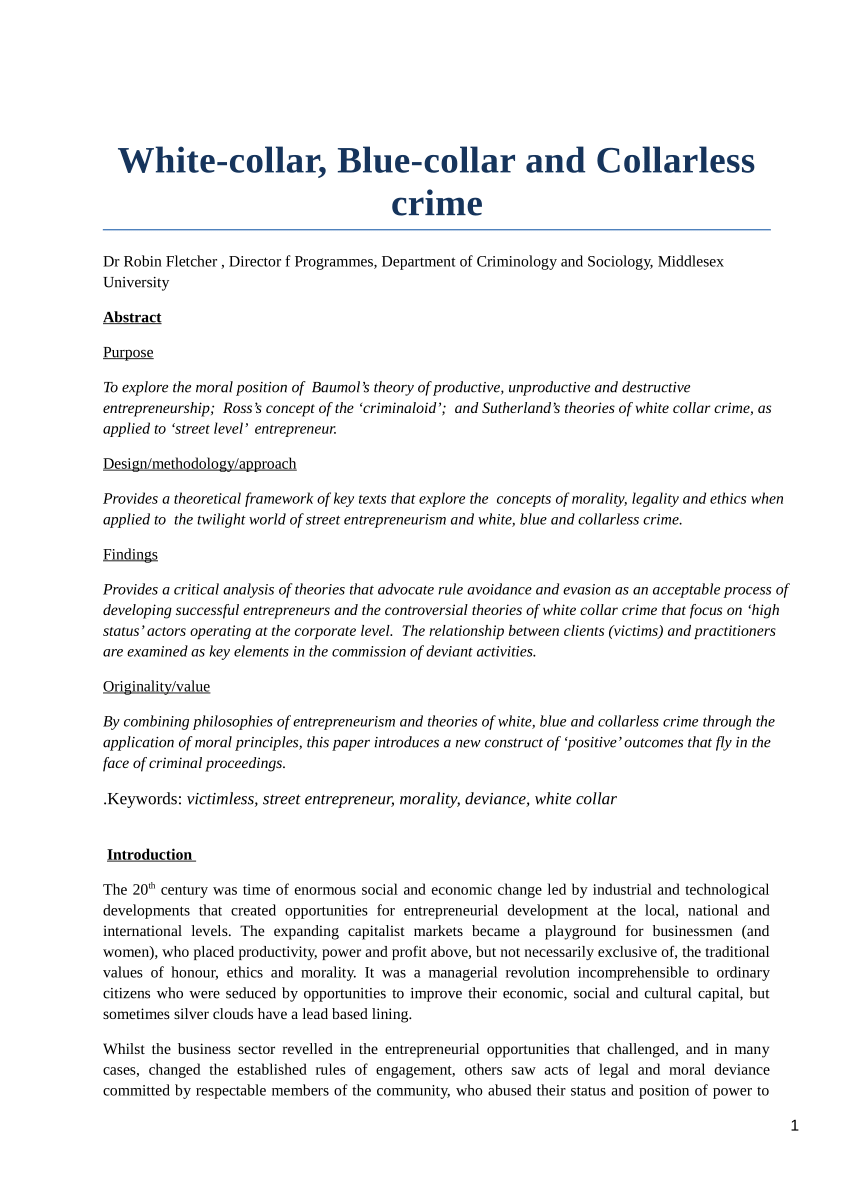 PDF) White-Collar, Blue-Collar and Collarless Crime: The Complicity of Victims in Crime'