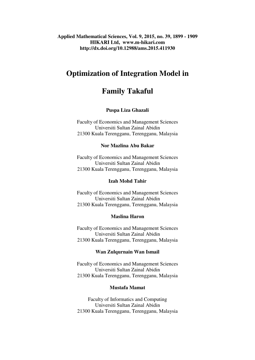 Pdf Optimization Of Integration Model In Family Takaful