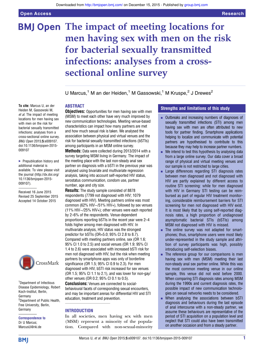 PDF) The impact of meeting locations for men having sex with men on the  risk for bacterial sexually transmitted infections: Analyses from a  crosssectional online survey