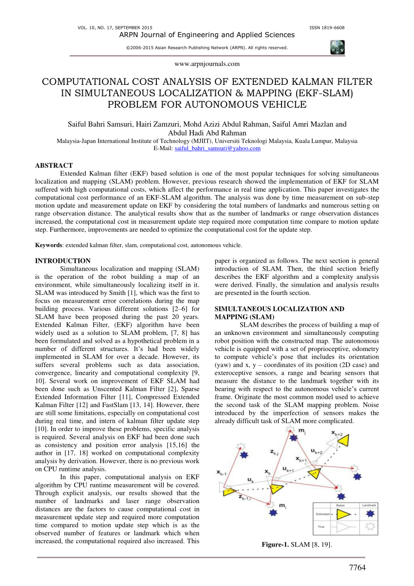 Pdf Computational Cost Analysis Of Extended Kalman Filter In Simultaneous Localization And Mapping Ekf Slam Problem For Autonomous Vehicle