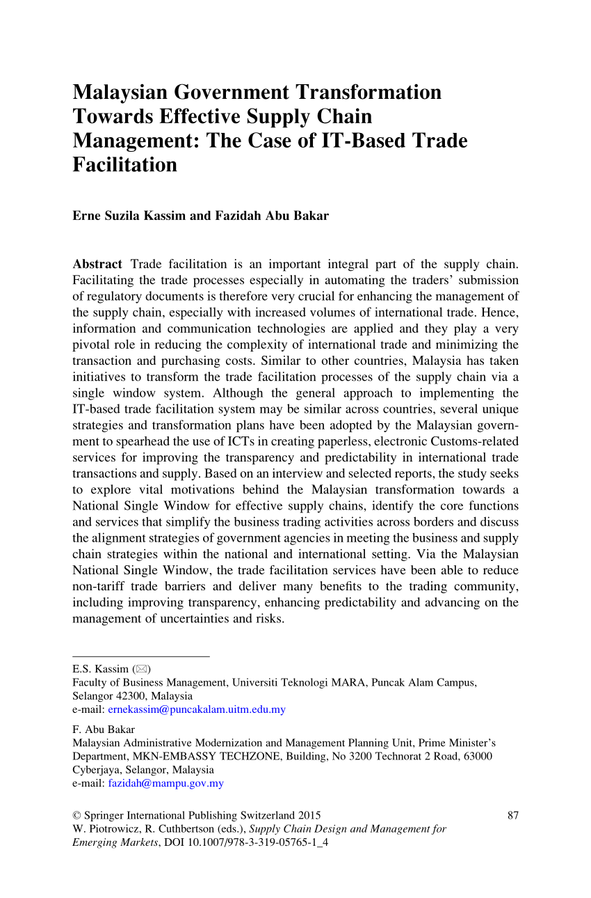 Pdf Malaysian Government Transformation Towards Effective Supply Chain Management The Case Of It Based Trade Facilitation