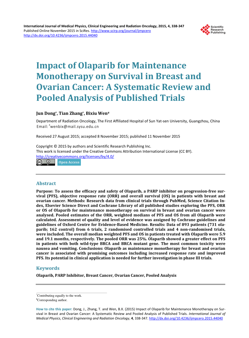 Pdf Impact Of Olaparib For Maintenance Monotherapy On Survival In Breast And Ovarian Cancer A 3301