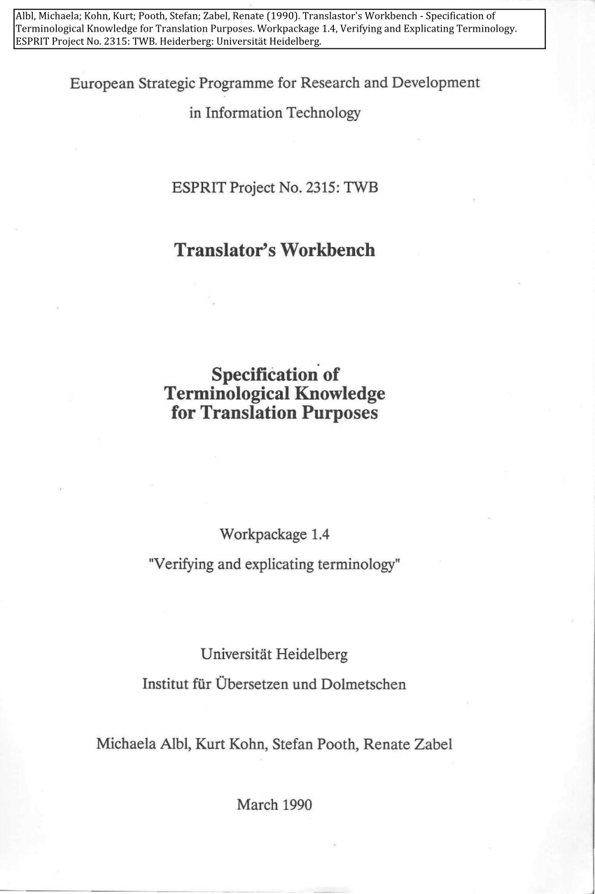 PDF) (1990) Specification of Terminological Knowledge for Translation  Purposes (Translator's Workbench, ESPRIT Project No. 2315)