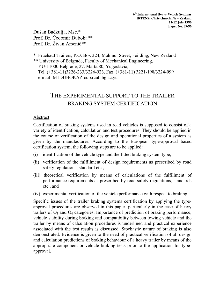 Pdf The Experimental Support To The Trailer Braking System Certification