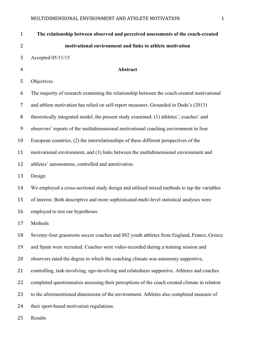 Pdf The Relationship Between Observed And Perceived Assessments Of The Coach Created Motivational Environment And Links To Athlete Motivation