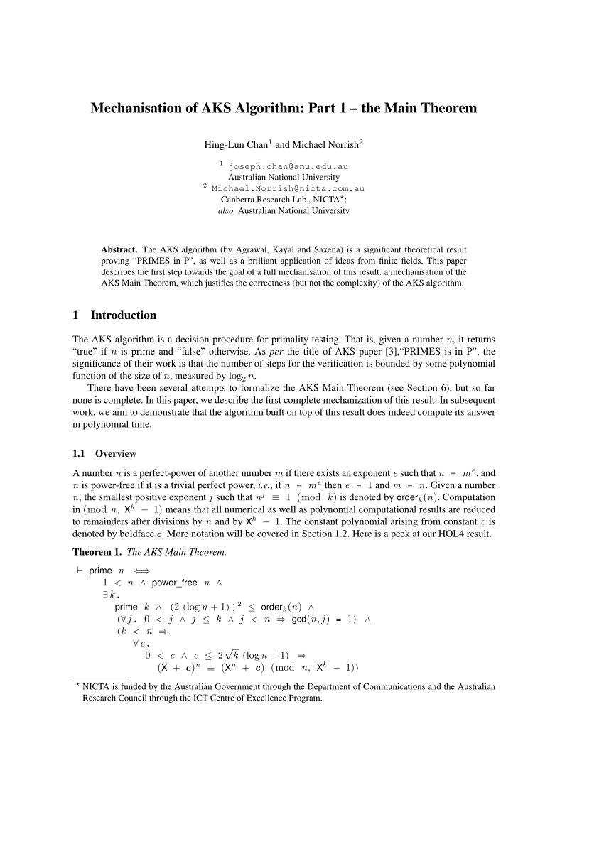 Pdf Mechanisation Of Aks Algorithm Part 1 The Main Theorem