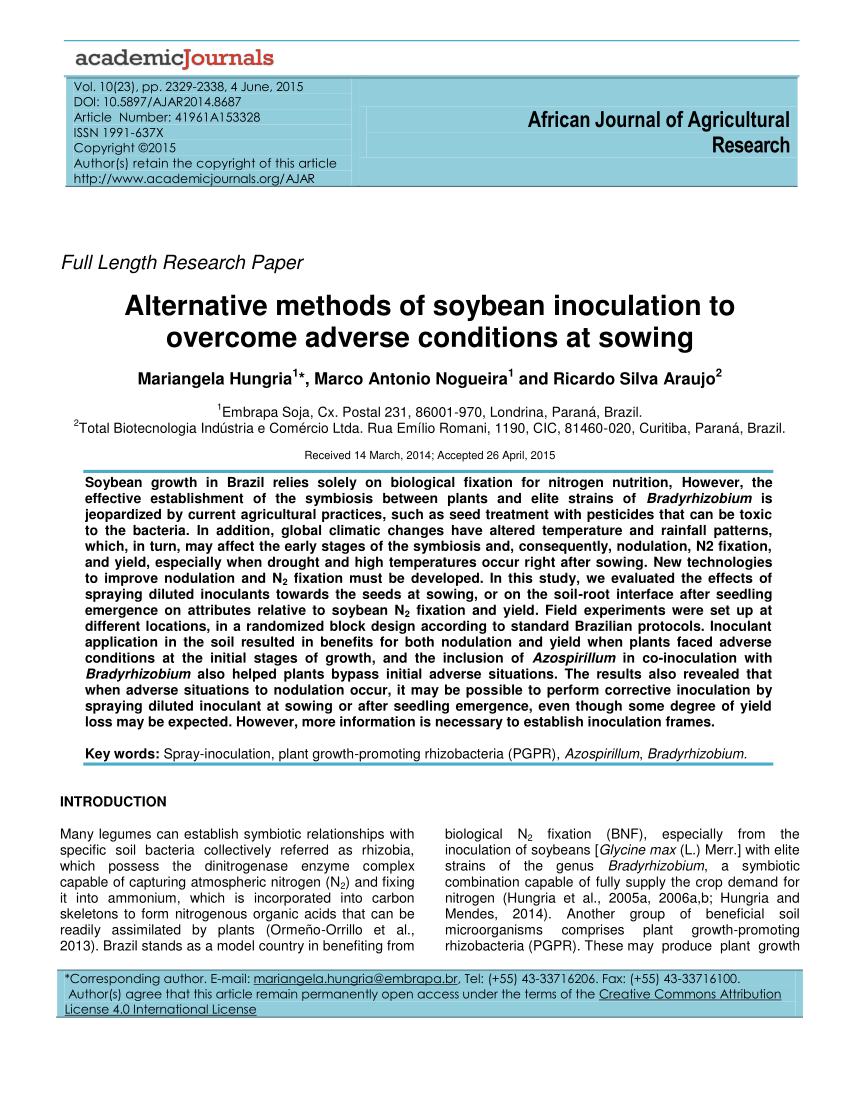 Pdf Alternative Methods Of Soybean Inoculation To Overcome Adverse Conditions At Sowing