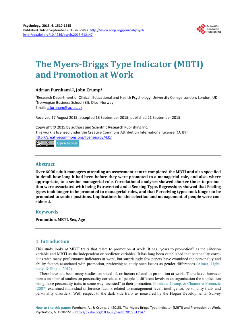 Pdf The Myers Briggs Type Indicator Mbti And Promotion At Work
