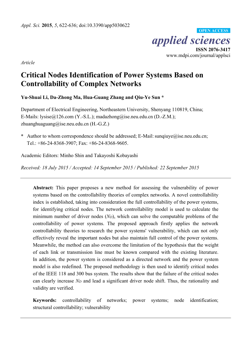 Pdf Critical Nodes Identification Of Power Systems Based On Controllability Of Complex Networks