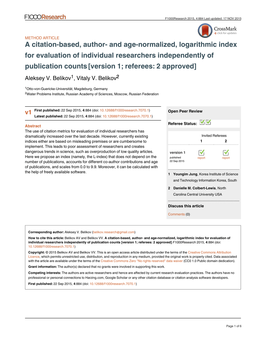 Pdf A Citation Based Author And Age Normalized Logarithmic Index For Evaluation Of Individual Researchers Independently Of Publication Counts