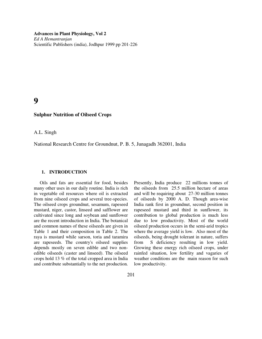 Pdf Sulphur Nutrition Of Oilseed Crops