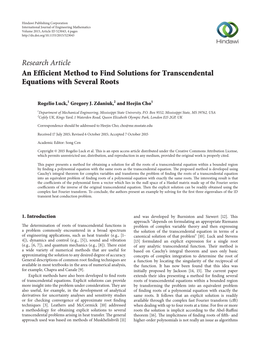 Pdf An Efficient Method To Find Solutions For Transcendental Equations With Several Roots