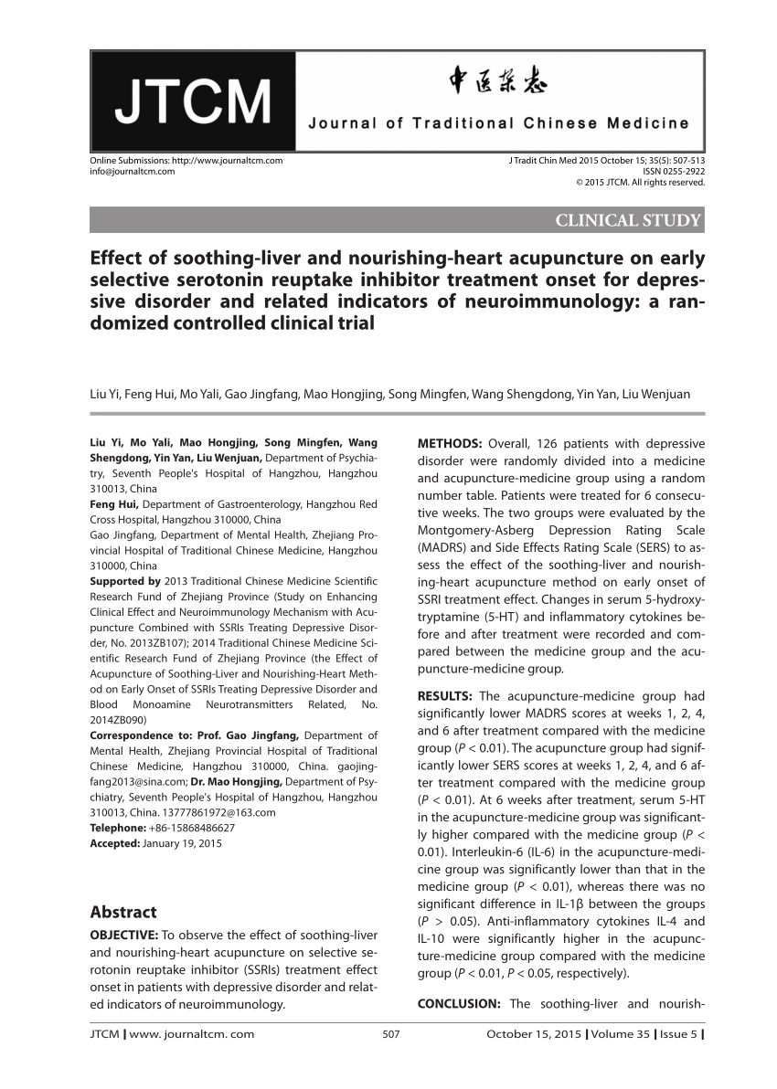 Pdf Effect Of Soothing Liver And Nourishing Heart Acupuncture On Early Selective Serotonin Reuptake Inhibitor Treatment Onset For Depressive Disorder And Related Indicators Of Neuroimmunology A Randomized Controlled Clinical Trial