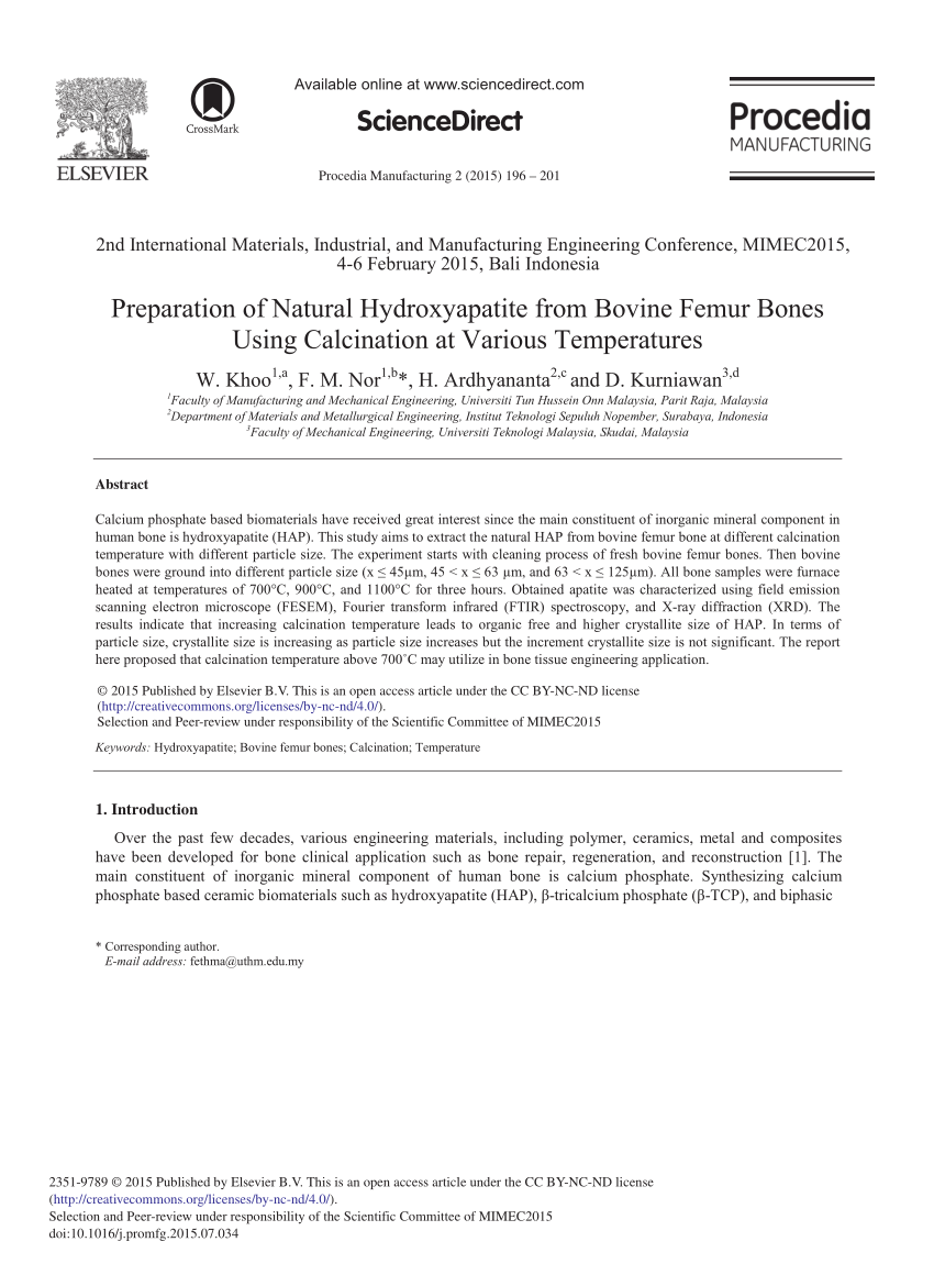 Pdf Preparation Of Natural Hydroxyapatite From Bovine Femur Bones Using Calcination At Various Temperatures