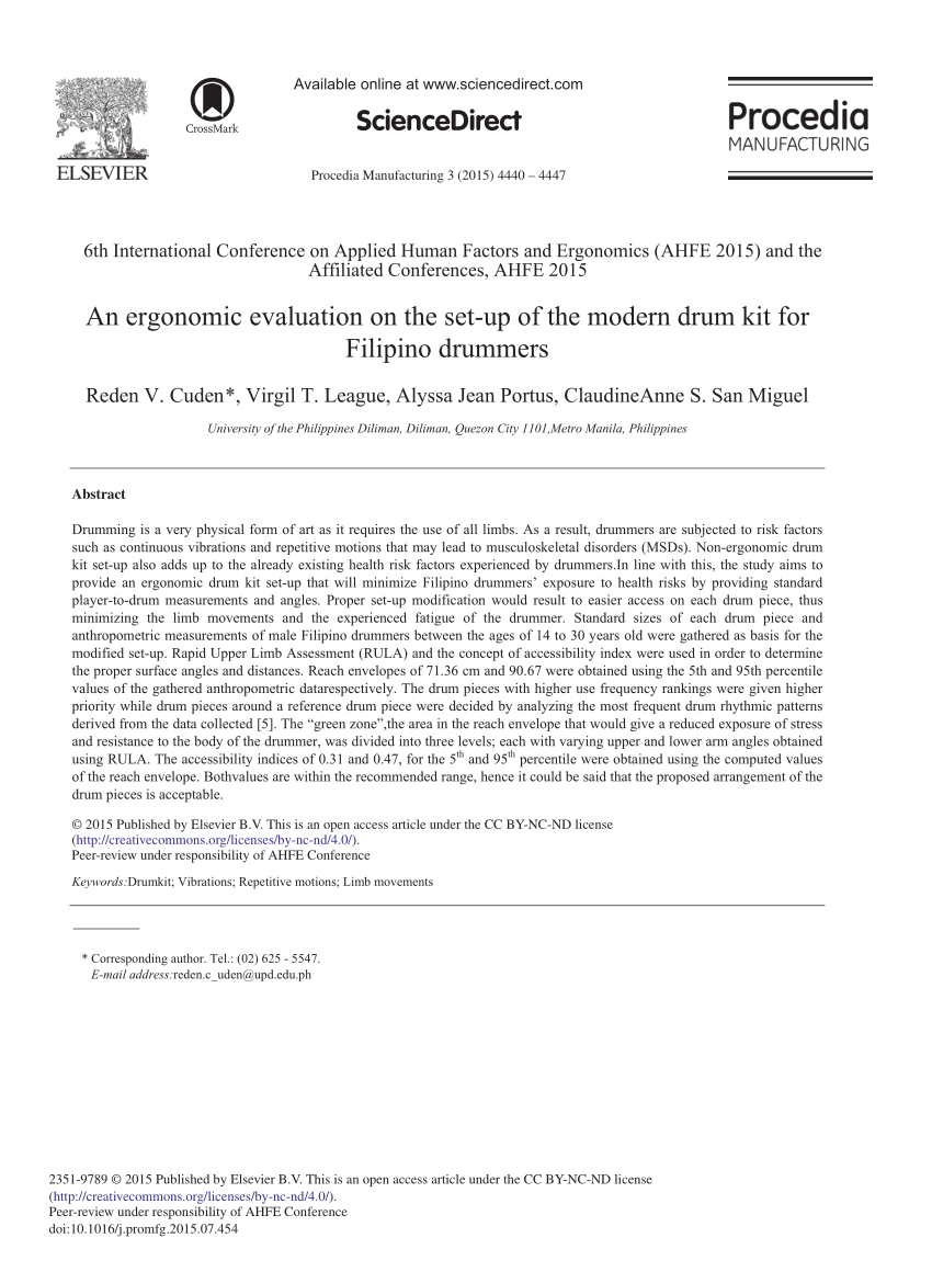 Pdf An Ergonomic Evaluation On The Set Up Of The Modern Drum Kit For Filipino Drummers