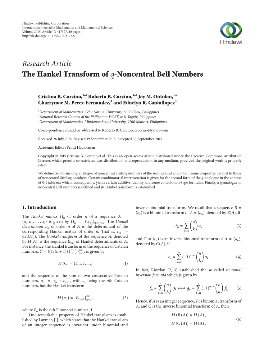 PDF The Hankel Transform of q Noncentral Bell Numbers