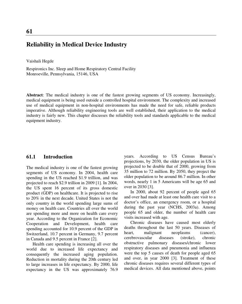 Pdf Reliability In The Medical Device Industry