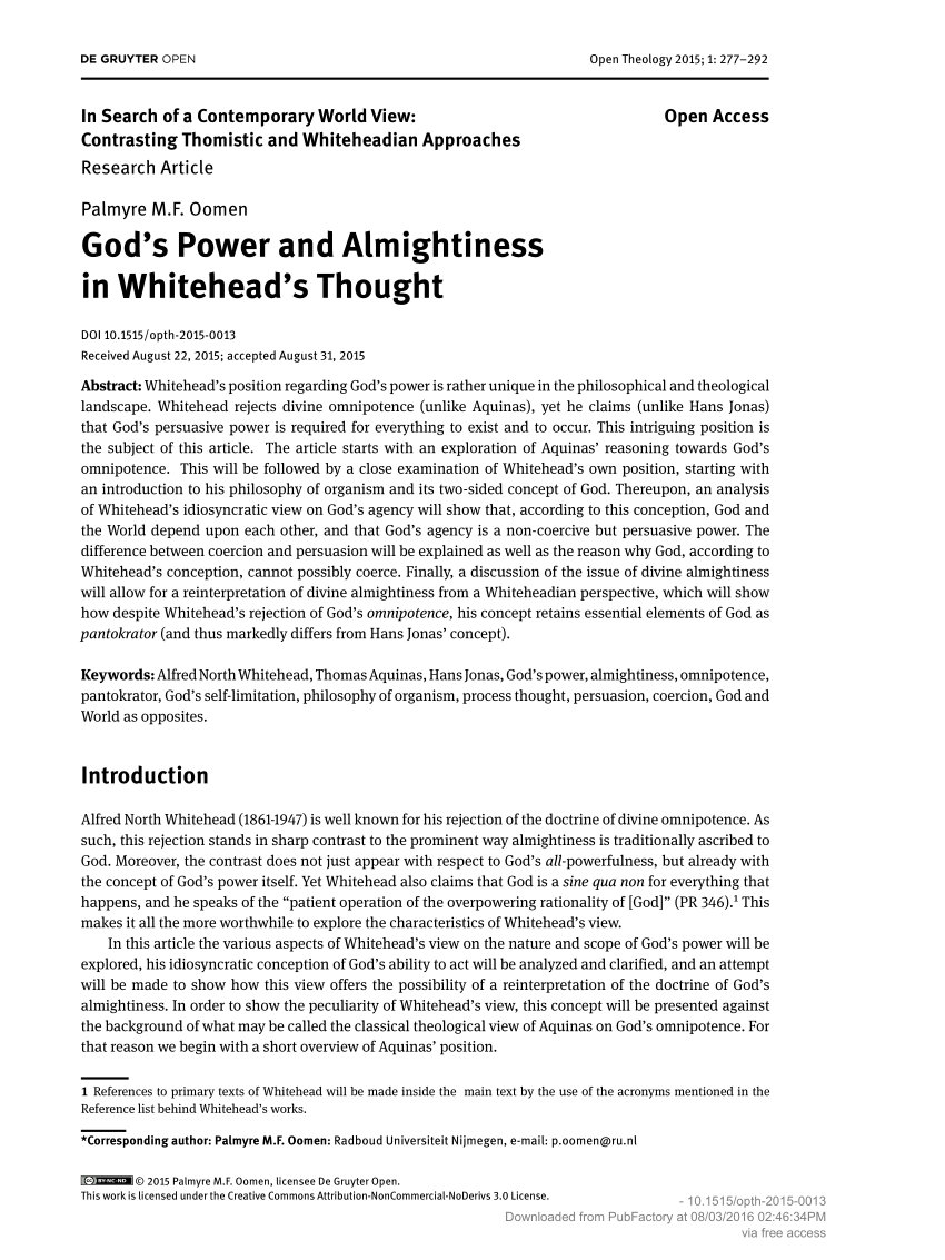 Pdf God S Power And Almightiness In Whitehead S Thought