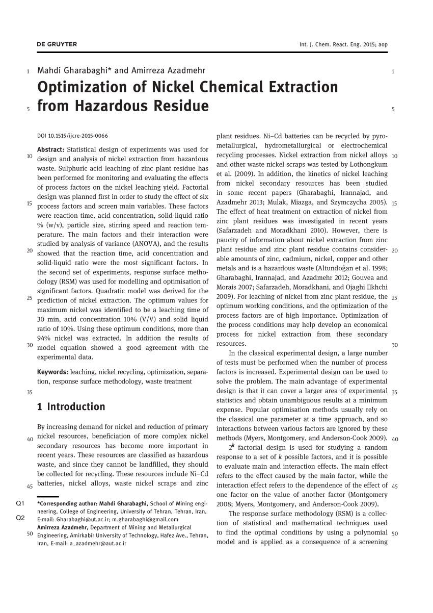 Pdf Optimization Of Nickel Chemical Extraction From Hazardous Residue