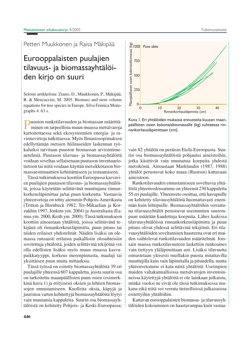 Pdf Eurooppalaisten Puulajien Tilavuus Ja Biomassayhtaloiden Kirjo On Suuri