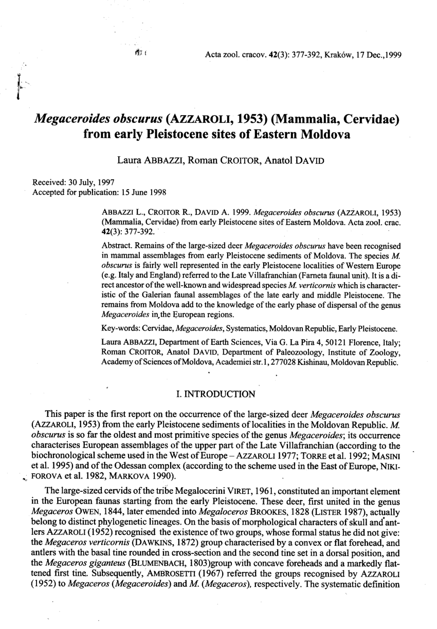 Pdf Megaceroides Obscurus Azzaroli 1953 Mammalia Cervidae From Early Pleistocene Sites Of Eastern Moldova