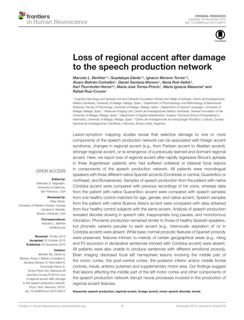 PDF) Loss regional accent after damage the speech network