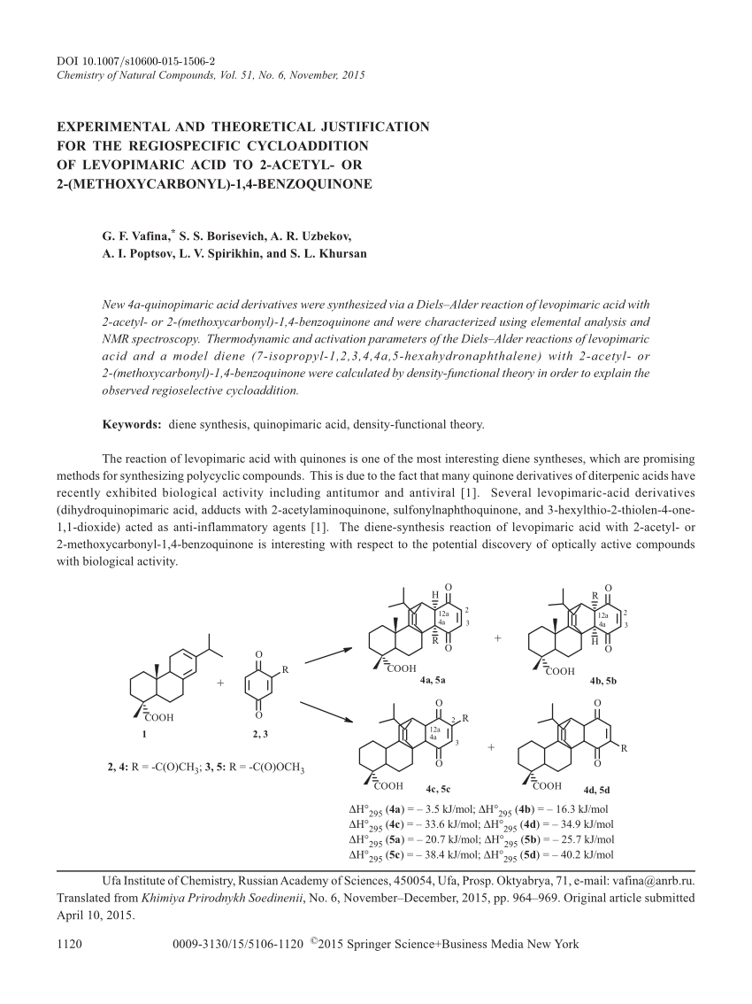 Pdf Experimental And Theoretical Justification For The Regiospecific Cycloaddition Of Levopimaric Acid To 2 Acetyl Or 2 Methoxycarbonyl 1 4 Benzoquinone