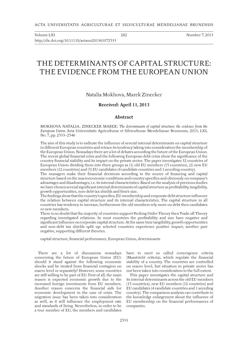 Pdf The Determinants Of Capital Structure The Evidence From The European Union