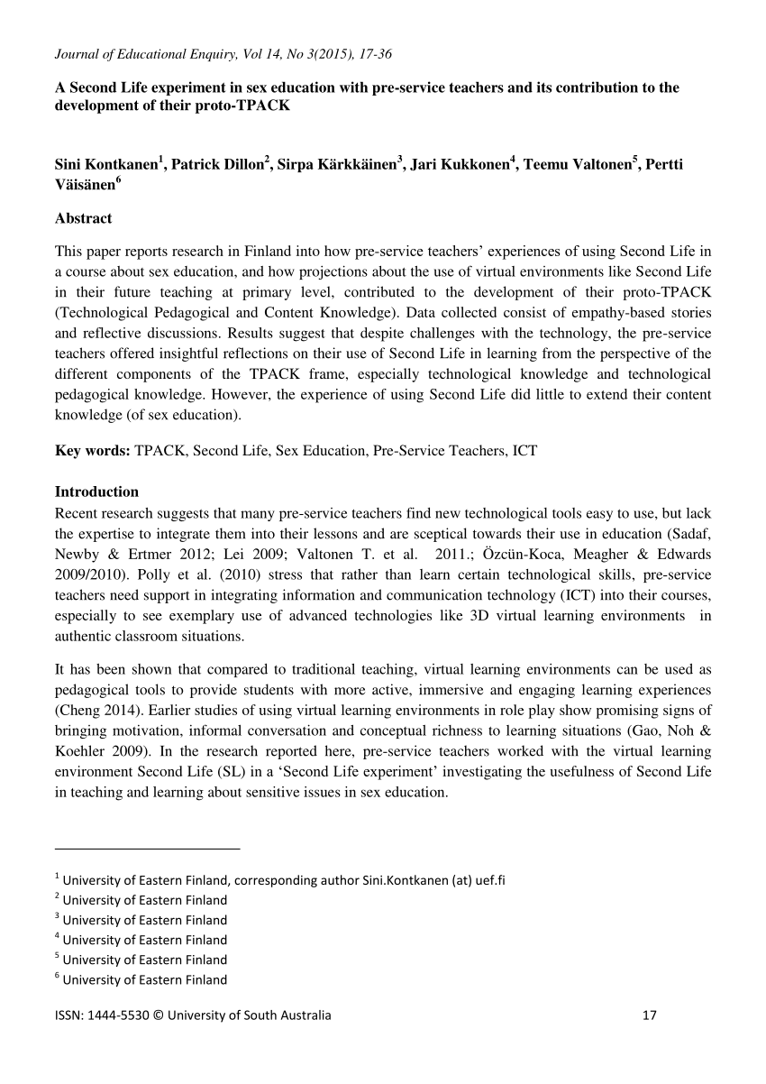 PDF) A Second Life experiment in sex education with pre-service teachers  and its contribution to the development of their proto-TPACK