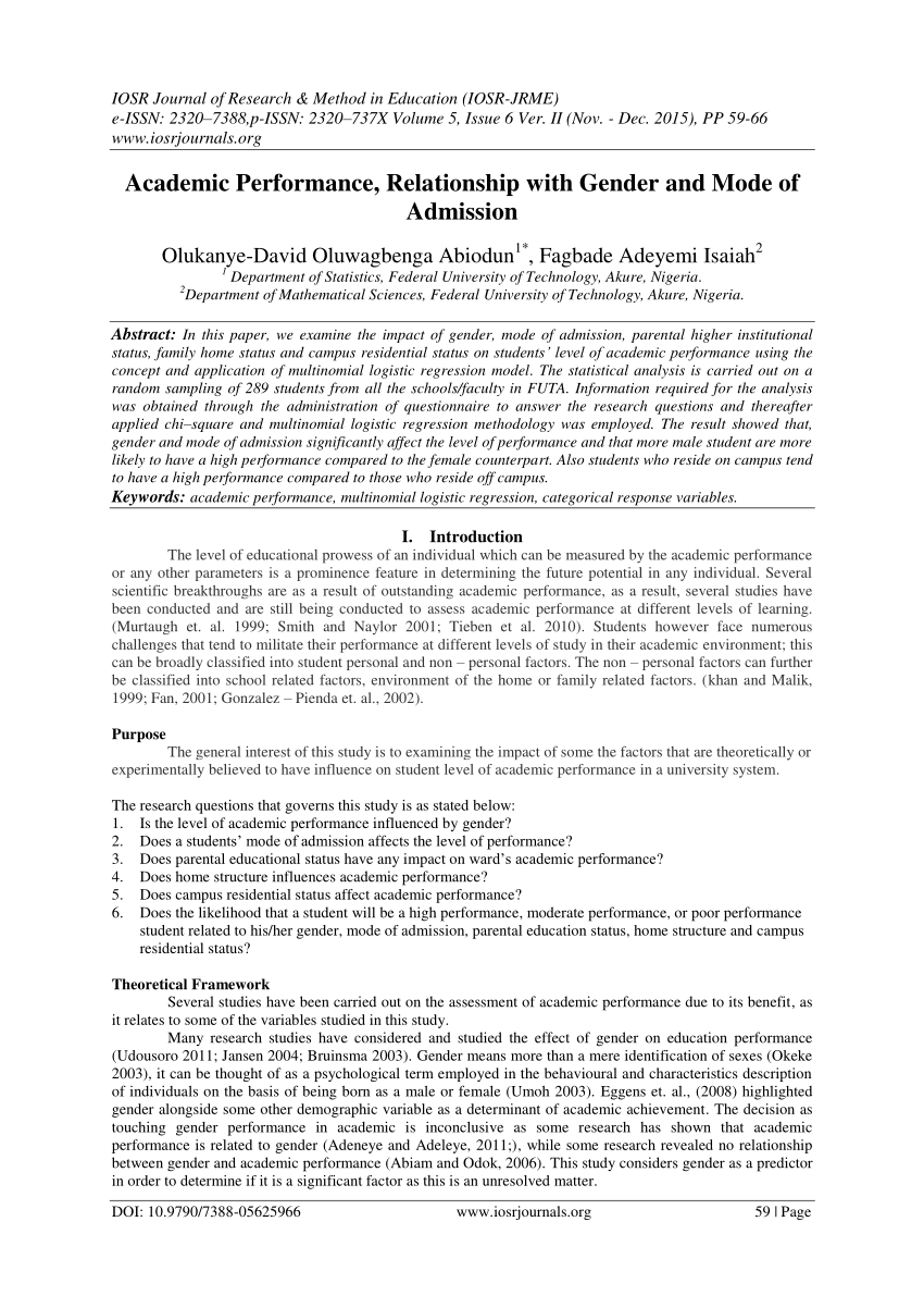 research paper on relationship of gender and academic performance