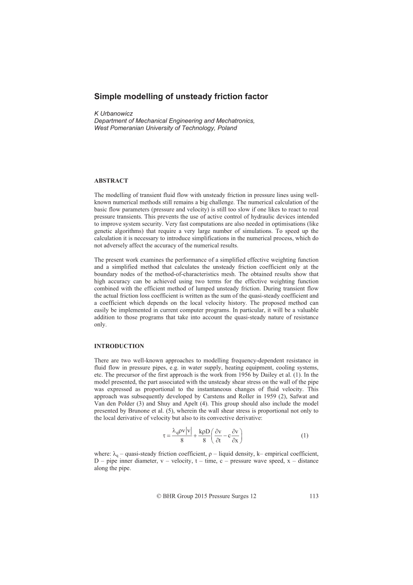 Pdf Simple Modelling Of Unsteady Friction Factor