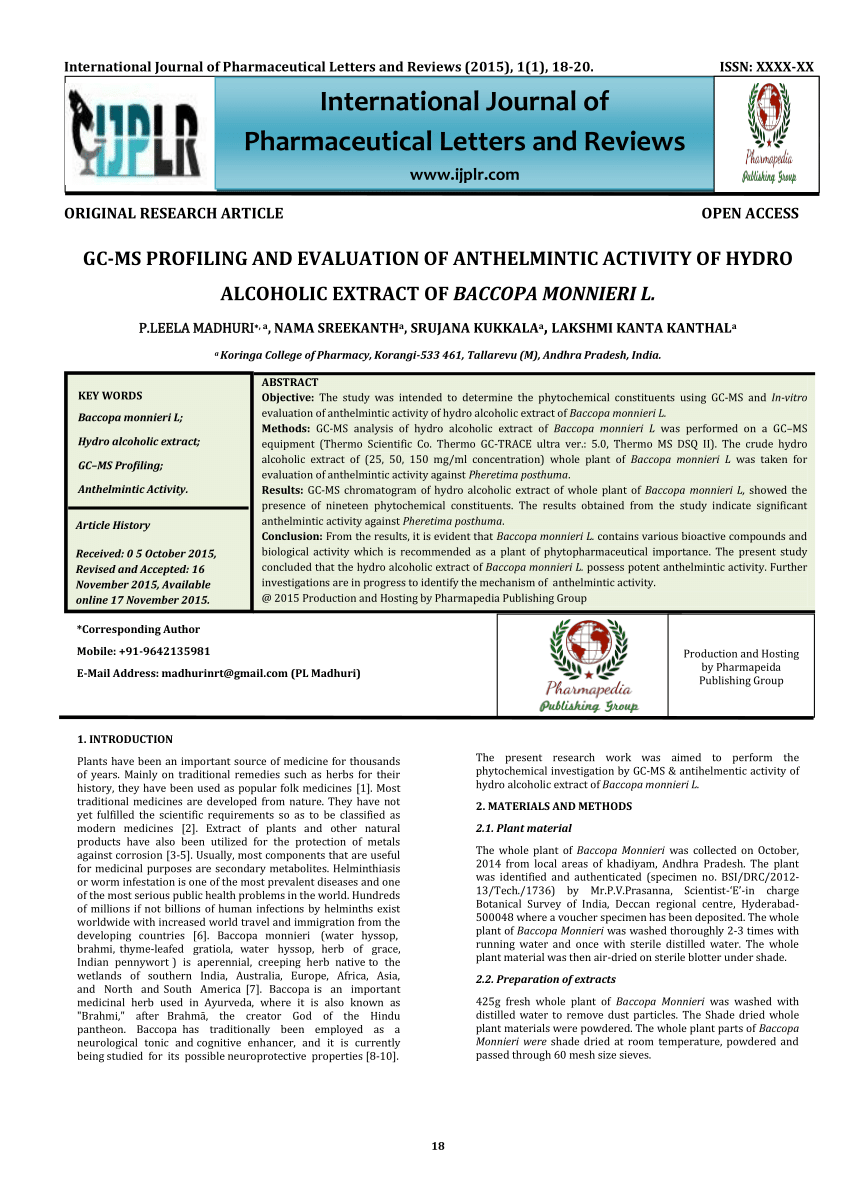 anthelmintic activity of bacopa monnieri)